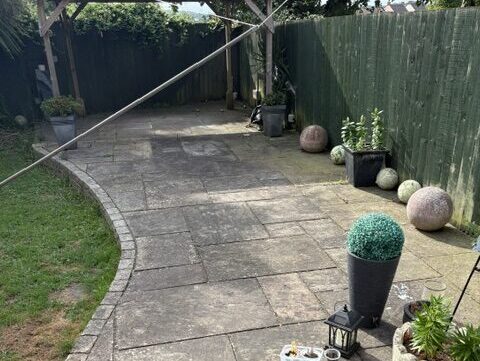 Indian snadstone patio, tutshill before cleaning